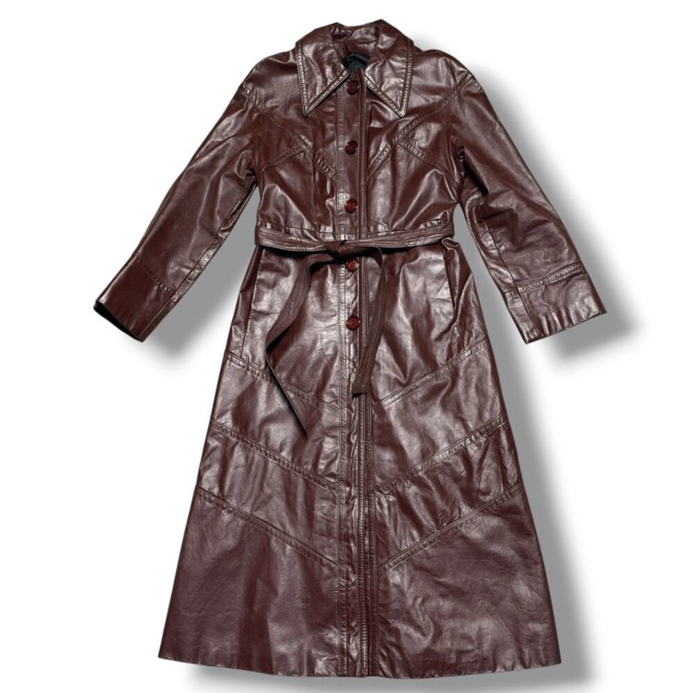 Vintage 70s Leather Coat Maxi Trench Mahogany Oxblood Brown Mod Disco Sz S